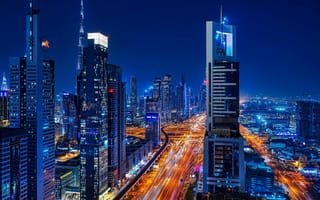 Картинка дубай, дорога шейха заеда, небоскребы, ночное освещение, ночной город, современная архитектура, городской, огни города, центр города дубай, ночной пейзаж, городской пейзаж Дубая, 5к, длительная выдержка, ночное время, высотное здание