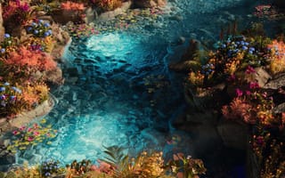 Картинка рай, водный поток, чистая вода, экзотический, 5к, Флора, яркий, сказочный, эфирный, сюрреалистический