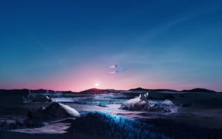 Картинка искусственный, пейзаж, светящийся, цифровое искусство, закат, сюрреалистический, эфирный, сказочный, горизонт, мистический, эстетический