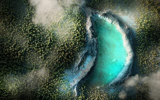 Картинка горное озеро, кратер, дикая местность, бирюзовая вода, 5к, изумрудно-зеленый, вид с воздуха
