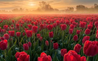 Картинка Тюльпановое поле, Восход, Красные тюльпаны, Пейзаж, Нидерланды, Цветы тюльпанов, Весенние цветы
