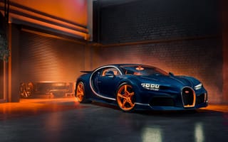 Картинка Bugatti Chiron Super Sport, Гараж, Синий и оранжевый, Гиперкаары, 5K