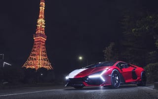 Картинка Ламборгини Ревулто Анимае, Токийская башня, 5K, Япония, 8K, Ночь