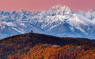 Картинка Татры, Осенний лес, Розовое небо, Пейзаж, Снежные горы