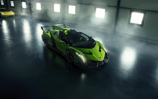 Картинка Ламборгини Венено Роадстер, 8K, 5K, Гараж, Зеленый автомобиль, Суперкары, Коллекция Альберта Шпийса