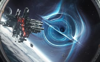Картинка Космическая станция, Чёрная дыра, 5K, Футуристический, Корабль, AI