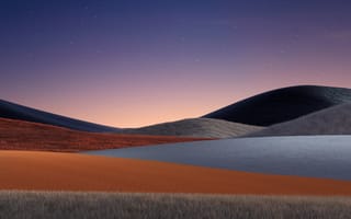 Картинка Катающиеся холмы, Сумерки, Звездное небо, Травяное поле, Дизайн Microsoft, Закат, Спокойный, 5K, Сказочный, Теплый