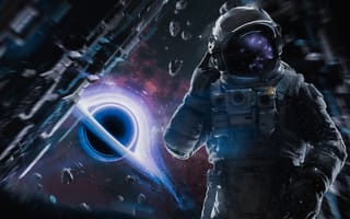 Картинка Астронавт, Кинематографический, Небула, Чёрная дыра, Космонавт, Исследование космоса, Космическая станция, Научная фантастика, Космос, 5K, Астероиды