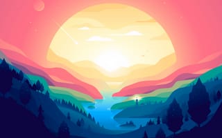 Картинка Горный пейзаж, Слои, Иллюстрация, Маяк, 5K, Яркий, Закат
