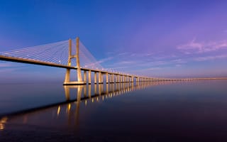 Картинка Мост Васко да Гама, Сумерки, 5K, Закат, Лиссабон, Отражения, Португалия, Рассвет, Река Тагус