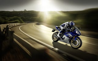 Картинка Yamaha, Пилот, Скорость, Белый, YZF-R6, 2011, Мотоцикл, Синий, Мото, Спортбайк, Р6, Дорога, Шлем