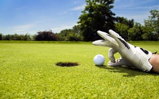 Обои газон, спорт, мяч, игра, перчатка, Golf, лунка, гольф, рука