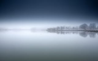 Картинка утро, туман, озеро, берег