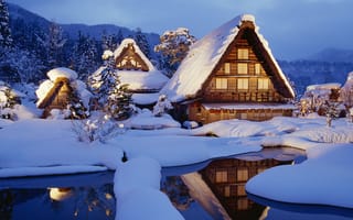 Картинка домики, япония, зима, japan, снег