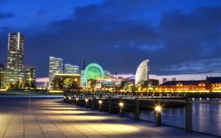 Картинка порт, япония, ночь, огни, йокогама, Japan, yokohama, мегаполис