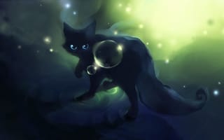 Картинка черный кот, голубые глаза, пузыри