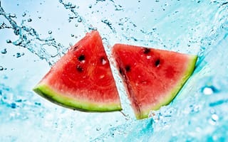 Картинка вода, лето, Арбуз, watermelon, ломтики, брызги
