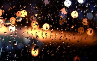 Картинка ночь, боке, дождь, огни, Стекло, капли
