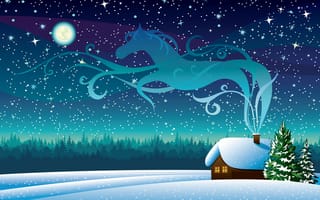 Картинка Зима, небо, снег, луна, деревья, дым, домик, звезды