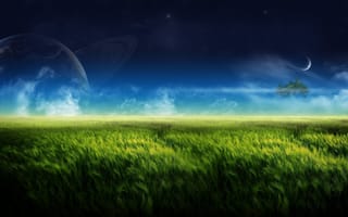 Картинка фантастика, облака, трава, планета, небо, поле