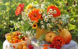 Обои цветов, столе, летний сад, на, Натюрморт, фрукты, букет