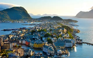 Обои горы, архитектура, норвегия, дома, пейзаж, город, Norway