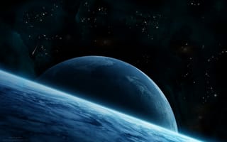 Картинка sci fi, Blue, star, asteroid, planet