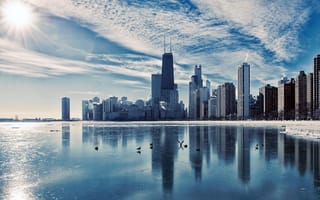 Картинка город, небоскребы, Чикаго, зима, вечер, иллиноис, река