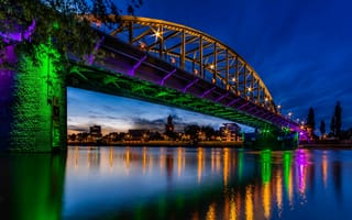 Картинка Мост Джона Фроста, Нидерланды, блики, мост, Арнем, река, ночной город, Рейн