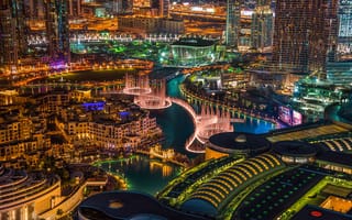 Картинка Ночной город, Дубай, огни, ночь, ОАЭ, фонтан