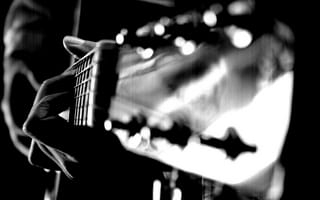 Картинка Гитара, струны, чб, макро, рука, пальцы