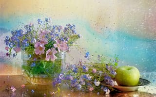 Картинка ваза, капли, тарелка, незабудки, цветы, космея, вода, яблоко