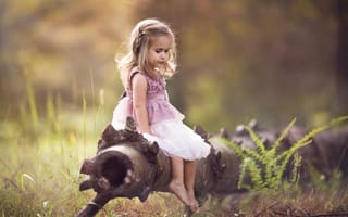 Картинка marcusdtray, малышка, бревно, лето, девочка, природа, платье, ребёнок, трава