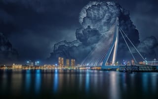 Картинка Нидерланды, здания, вечер, Роттердам, облака, мост, город, река, дома