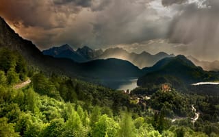 Картинка природа, Neuschwanstein, леса, река, Альпы, холмы, горы, Бавария, замок, Нойшванштайн, пейзаж