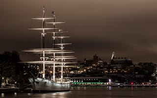 Обои парусник, вода, Стокгольм, Швеция, город, корабль, ночь