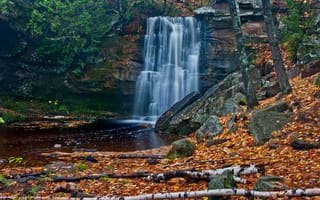 Картинка природа, осень, скалы, водопад, деревья
