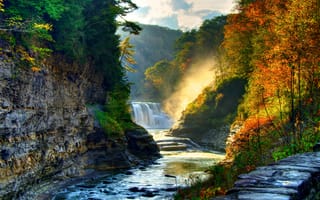 Картинка природа, осень, скалы, речка, пейзаж, деревья, водопад