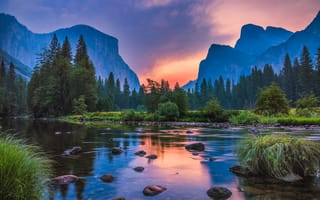 Картинка закат, yosemite national park, сша, калифорния, горы, река, небо, природа, лес