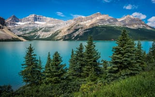 Картинка деревья, пейзаж, горы, banff national park, bow lake, озеро