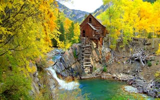 Картинка деревья, водоём, водопад, colorado, осень, пейзаж, crystal mill