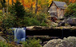 Картинка пейзаж, осень, crist mill, река, мельница, лес, babcock state park, водопад