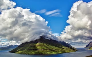 Картинка природа, фарерские острова, небо, горы, faroe islands, рыбхоз, залив, облака