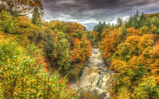 Картинка пейзаж, осень, лес, водопад, река