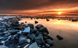 Картинка закат, камни, norway, норвегия, vesteralen islands, облака, sunset