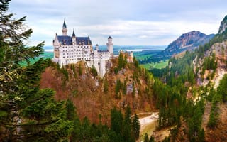 Картинка пейзаж, germany, замок нойшванштайн, бавария, осень, замок, скала, лес, neuschwanstein castle, bavaria, германия