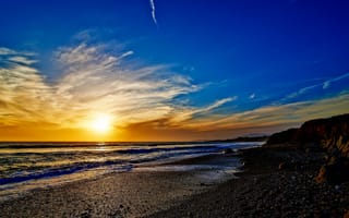 Картинка закат, океан, побережье, небо, california, san simeon, солнце, sunset, пейзаж, сан-симеон, облака