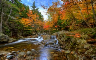Картинка природа, лес, камни, осень, водопад, река, деревья