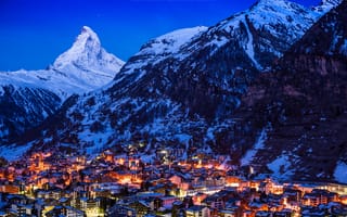 Картинка город, ночь, zermatt, switzerland