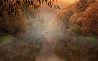 Картинка природа, деревья, работа, фотошоп, туман, красиво, рыбалка, осень, утро, лес, арт, река